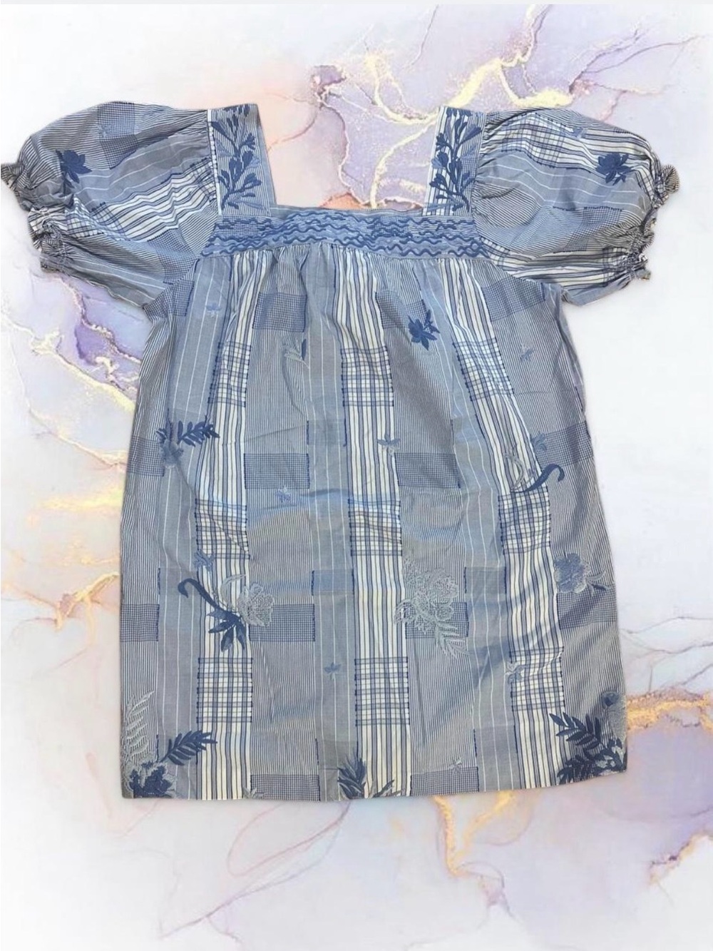 Johnny Was Girls Blue Floral Striped Smocked Puff-Sleeve Top